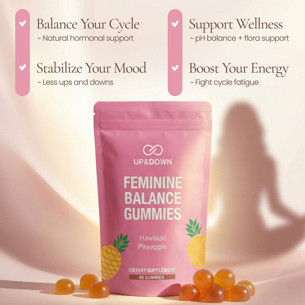 Up&Down Supplements Premium Feminine Balance Gummies for Women | PMS Relief, Mood & Cycle Support | Pineapple + Vitamin C | Ashwagandha & Chasteberry | Vegan, Non-GMO, Gluten Free | 60 Gummies Up&Down Supplements Au supplements