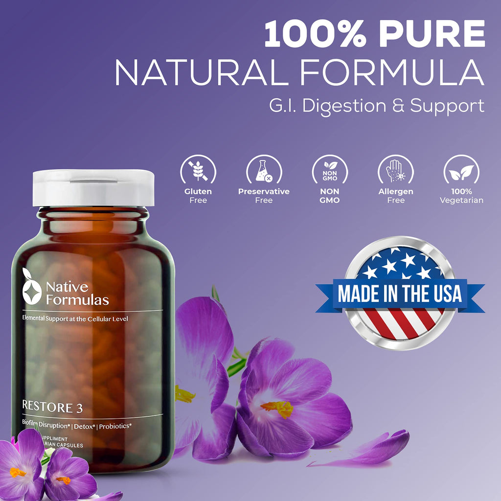 Native Formulas Restore 3 Proteolytic Enzyme & Spore Probiotic Blend Supplement - 60 Capsules - Advanced Biofilm Disruption Aid