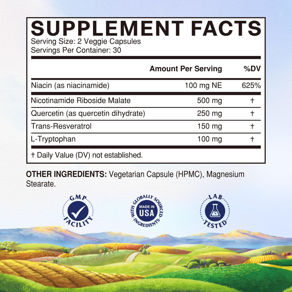 Vitalitown 5 in 1 NAD+, NMN Supplement Alternatives, Nicotinamide Riboside (NR), Trans-Resveratrol, Quercetin, Niacinamide, L-Tryptophan, for Cellular Energy, Heart, Skin, 60 Veggie Capsules Vitalitown Au supplements