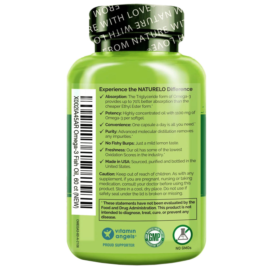 NATURELO Burpless Omega 3 Fish Oil Supplement - 1100mg Triglyceride Omega-3, EPA + DHA, Liquid Fish Oil for Heart, Eye, Brain, Joint Health
