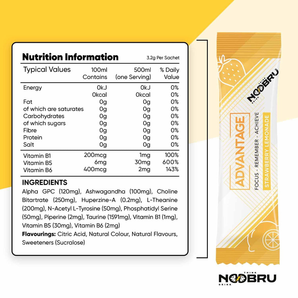 Noobru Аdvantage Nootropic - Delicious Nootropics Brain Supplement with 11 Active Ingredients - Natural Cognitive Enhancer - 20 Strawberry Lemonade Sachets - 1 Month Supply, 20 Count (Pack of 1) Noobru Au supplements