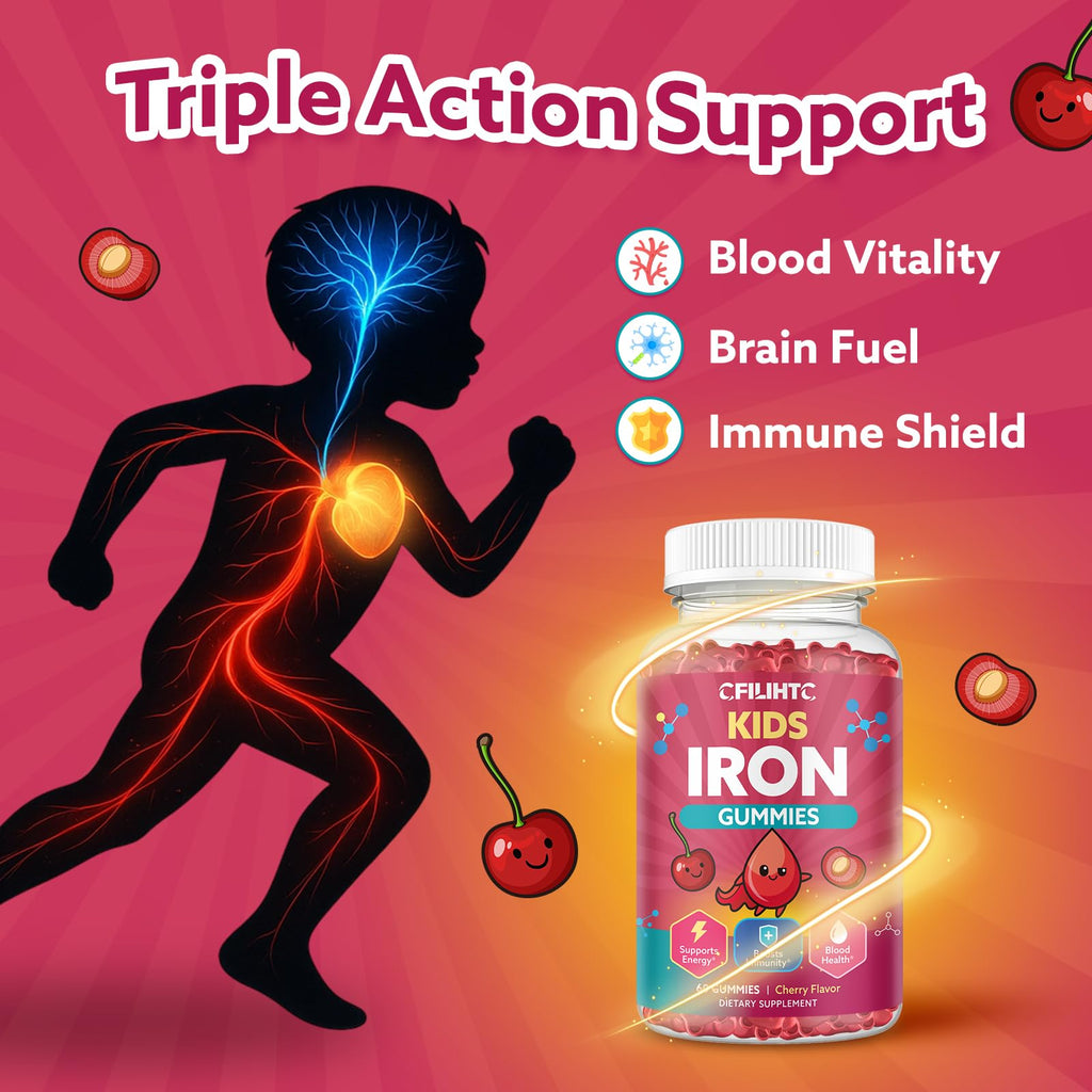Iron Gummies for Kids & Teens, Kids Multivitamin with Iron Supplement, Calcium, Folate, Zinc, Prebiotic - for Blood Builder & Energy Support, Iron Deficiency - Vegan & Non-GMO - 60 Count Cherry CFILIHTC Au supplements