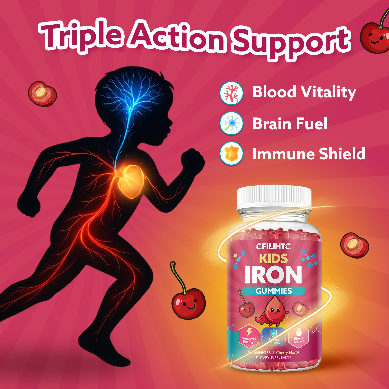 Iron Gummies for Kids & Teens, Kids Multivitamin with Iron Supplement, Calcium, Folate, Zinc, Prebiotic - for Blood Builder & Energy Support, Iron Deficiency - Vegan & Non-GMO - 60 Count Cherry CFILIHTC Au supplements