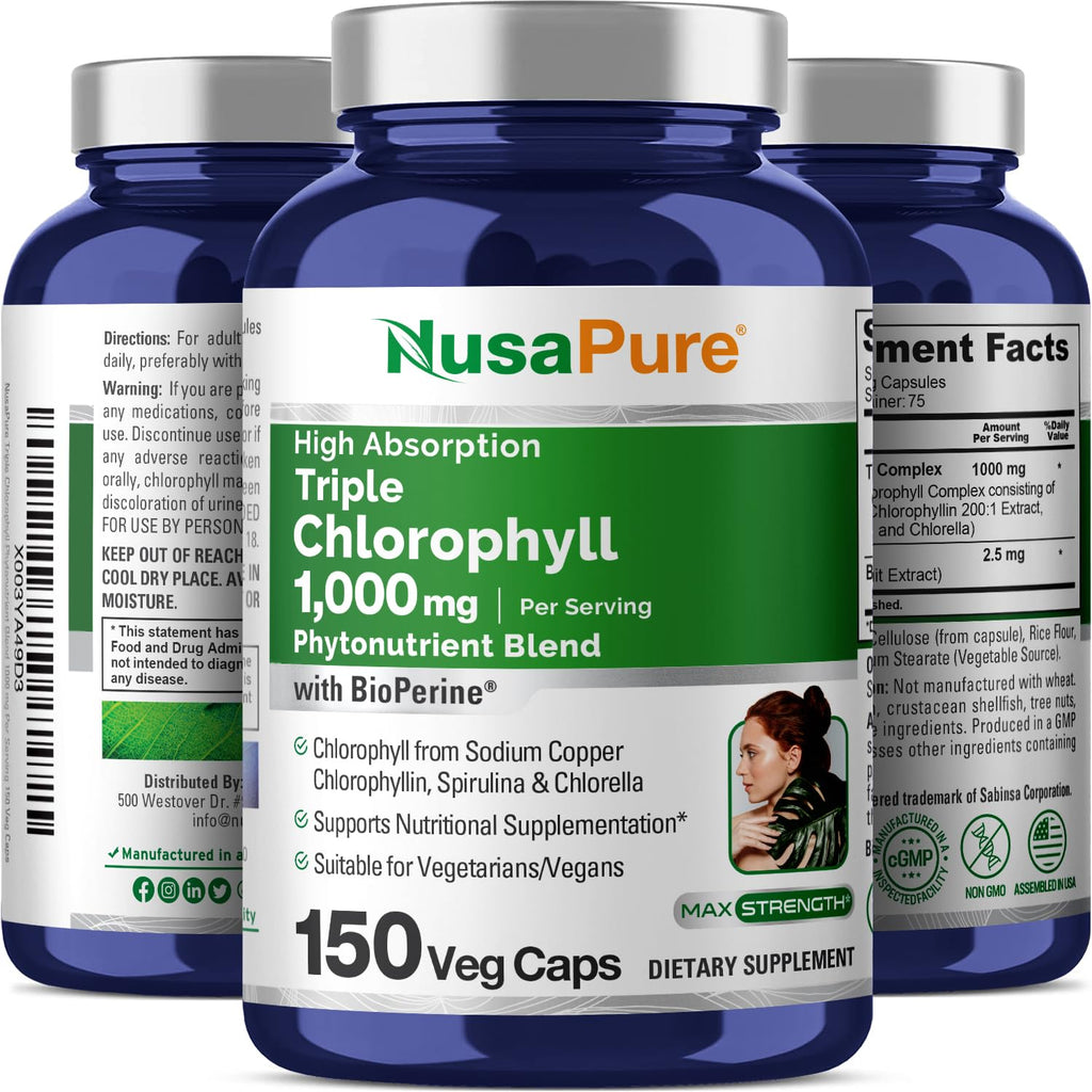 NusaPure High Absorption Triple Chlorophyll 1000 mg 150 Veg Caps Suitable for Vegetarians and Vegans, Non-GMO NusaPure Au supplements