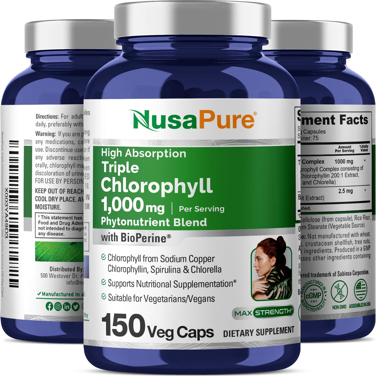NusaPure High Absorption Triple Chlorophyll 1000 mg 150 Veg Caps Suitable for Vegetarians and Vegans, Non-GMO NusaPure Au supplements