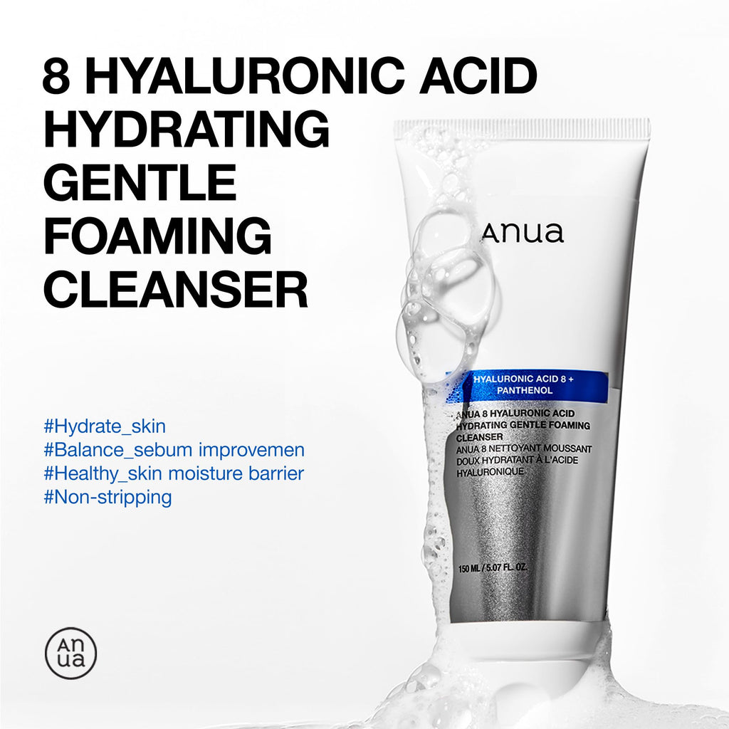Anua Hydrating Gentle Foaming Cleanser, Hyaluronic Acid, Glycerin, Zinc, Panthenol, Korean Face Wash for Dry Skin