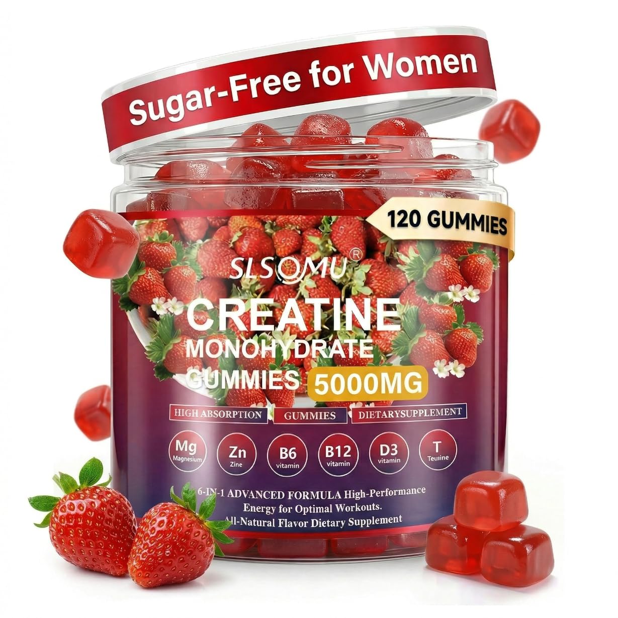 Slsomu Creatine Gummies for Women, 5000mg Pre-Workout Muscle Strength & Energy Support, 0 Sugar Creatine Gummy with L-Taurine, Zinc