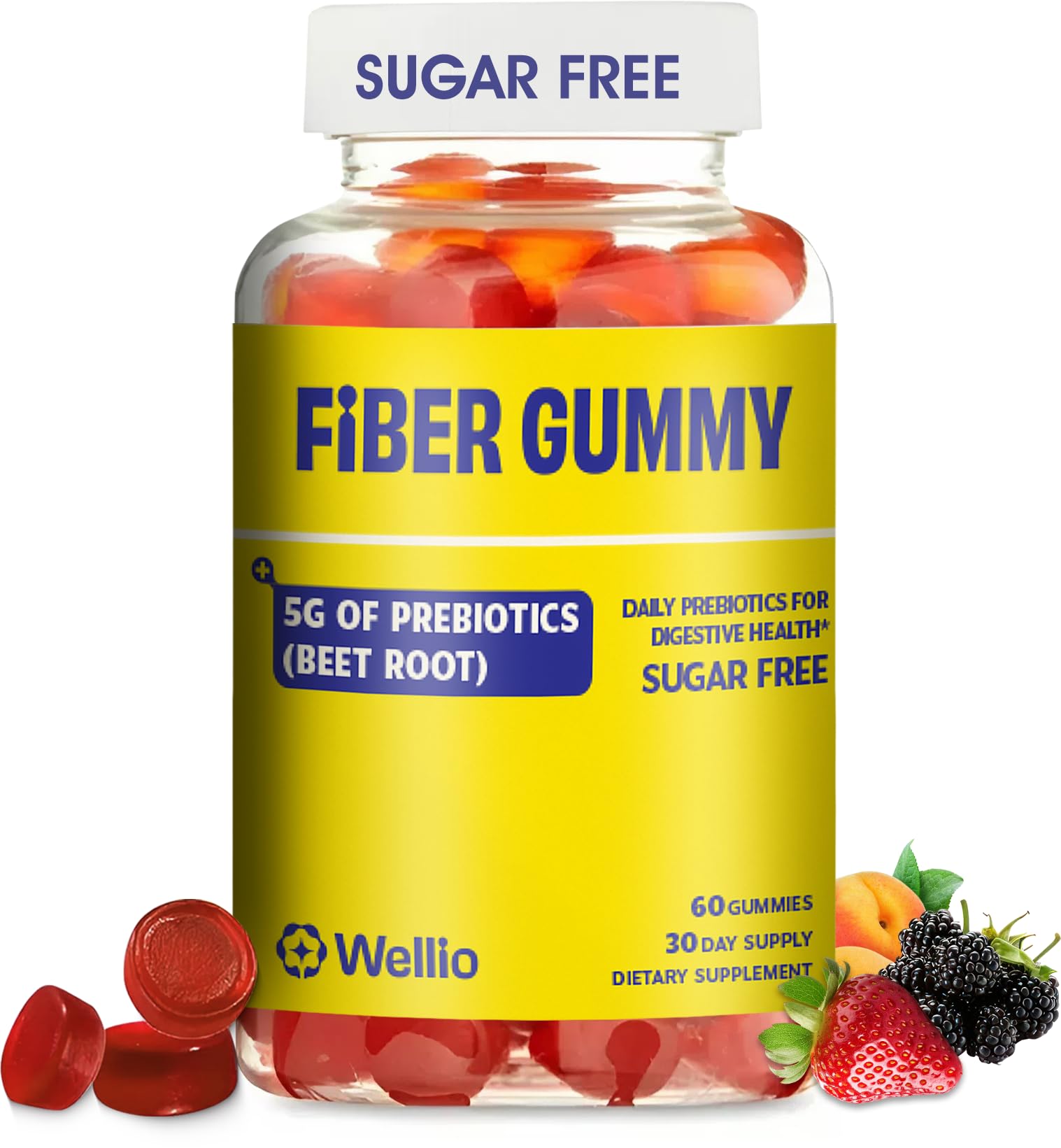 Wellio Fiber Gummies for Adults – Sugar Free Prebiotic Fiber Supplement with FOS, & Digestive Support – 5g Natural Fiber per Serving – Non-Stick Fruit Flavor – 60 Count – Made in USA