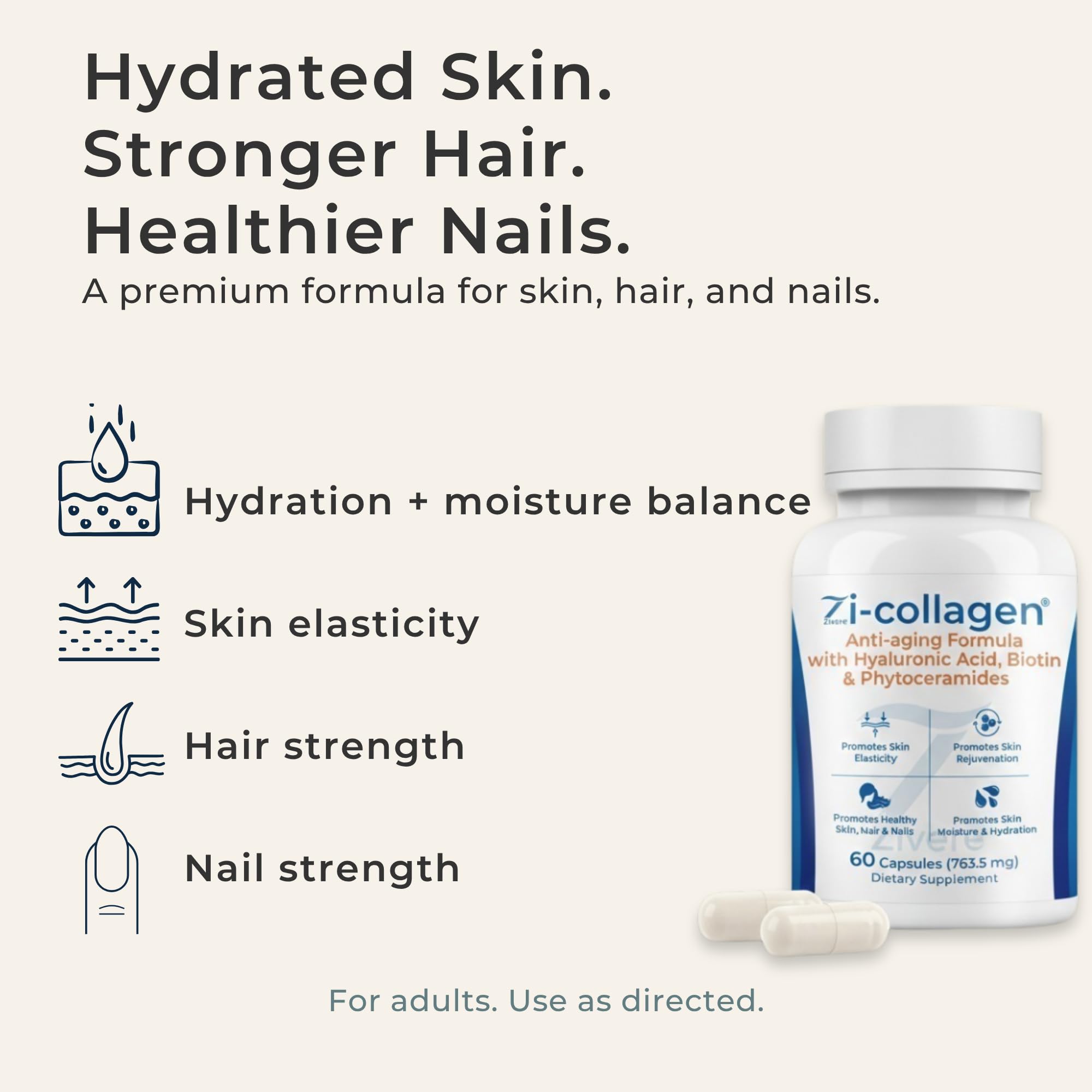 Zi-Collagen Marine Collagen Capsules for Skin, Hair & Nails Support – with Phytoceramides, Hyaluronic Acid, Biotin