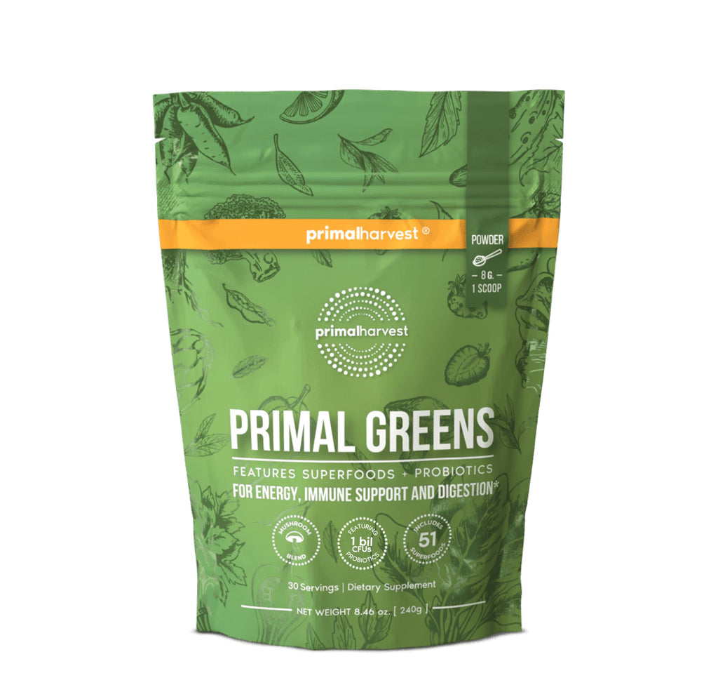 Primal Harvest Super Greens Powder, 30 Servings w/+50 Greens Superfood Chlorella, Probiotics, Green Tea, Wheatgrass,