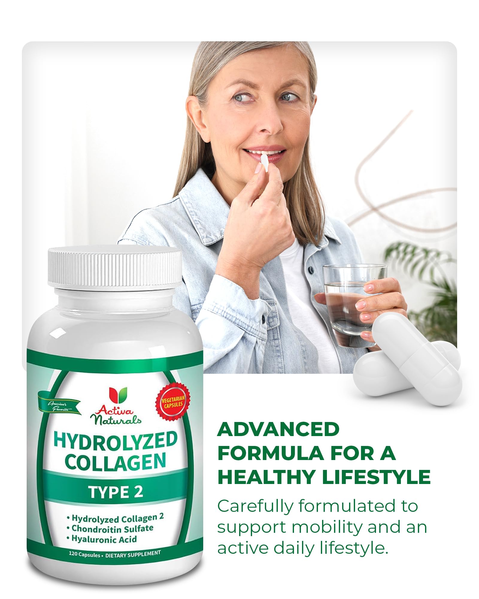 Activa Naturals Collagen Type 2 Hydrolyzed Supplement with Chondroitin and Hyaluronic, for Healthy Hair, Skin, and Nails, No Fillers, Additives, and No Artificial Colors - 120 Vegetarian Capsules Activa Naturals Au supplements