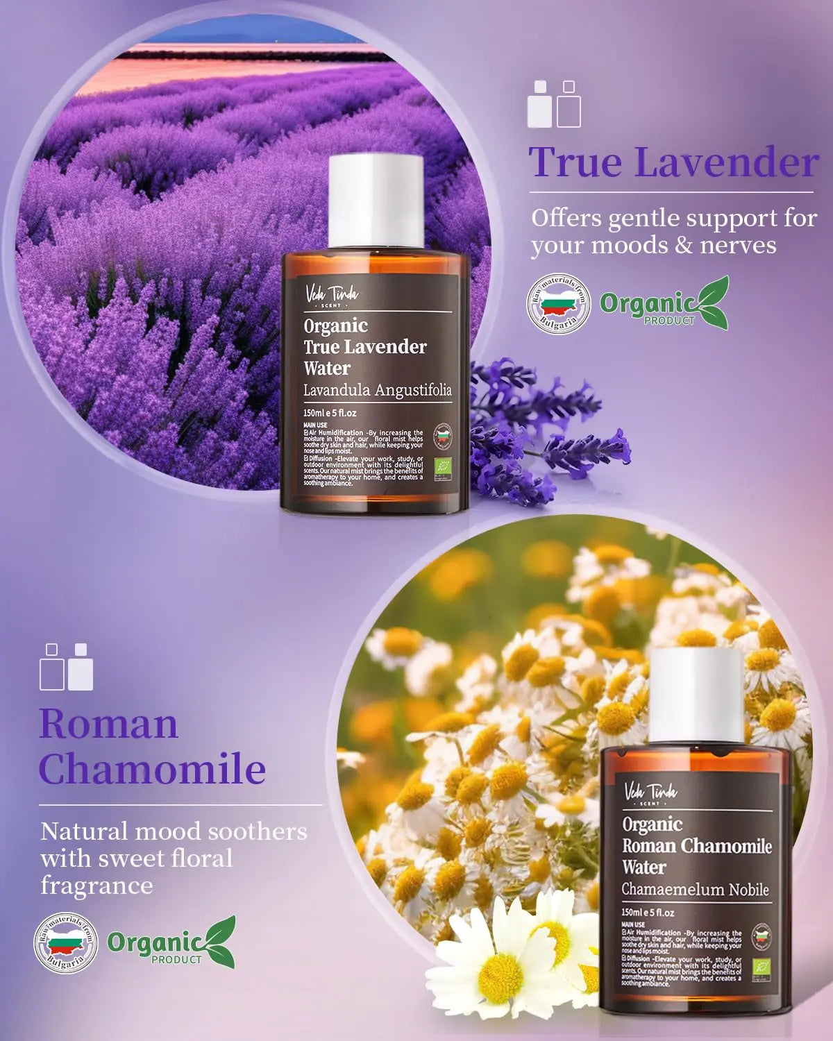 VTS Organic Lavender Water and Roman Chamomile Floral Water with Diffuser, Aromatherapy Air VEDA TINDA SCENT Au supplements