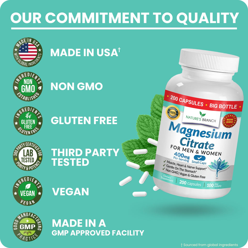Magnesium Citrate 400mg | 200 Capsules, High Absorption for Sleep, Relax, Leg Cramps, Energy, Extra Strength Easy to Swallow Small Pills for Women & Men, Vegan Supplement for Digestion, Not Tablets NATURE'S BRANCH Au supplements