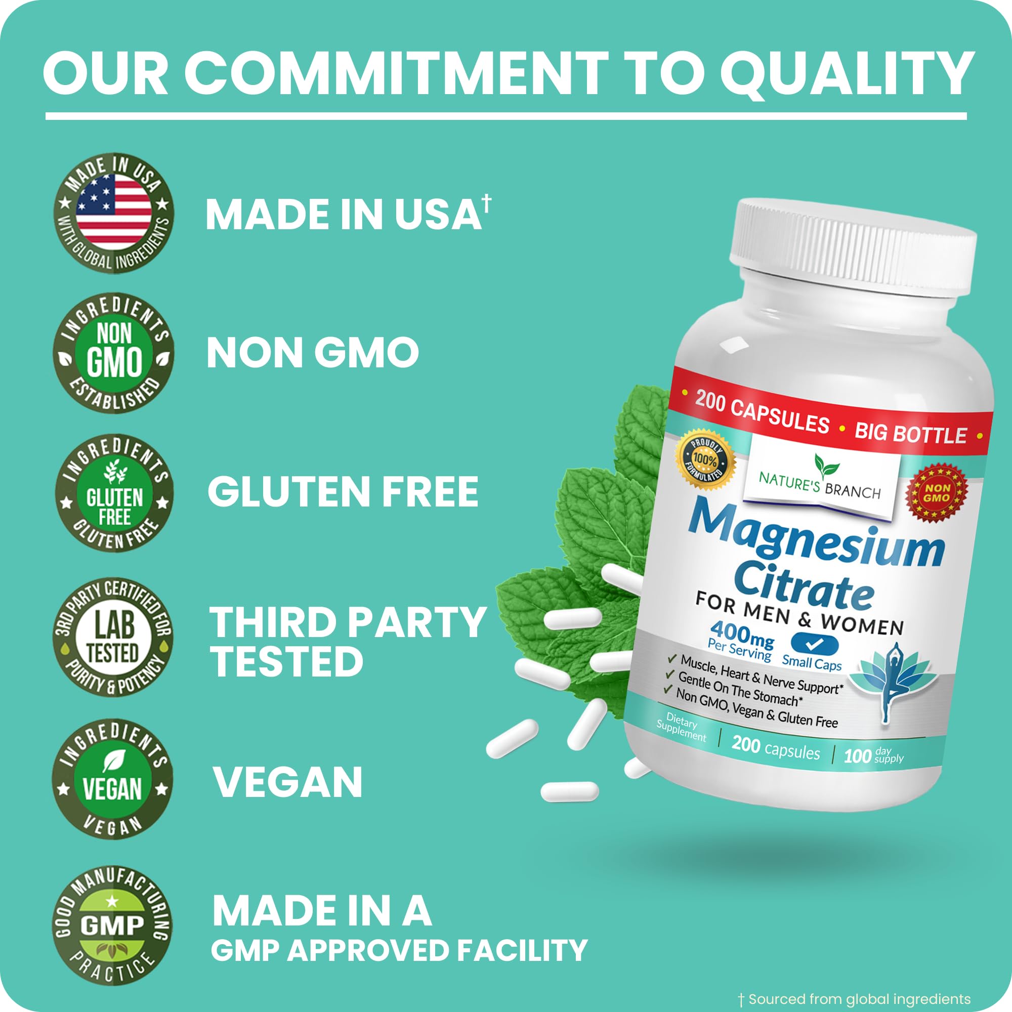 Magnesium Citrate 400mg | 200 Capsules, High Absorption for Sleep, Relax, Leg Cramps, Energy, Extra Strength Easy to Swallow Small Pills for Women & Men, Vegan Supplement for Digestion, Not Tablets NATURE'S BRANCH Au supplements