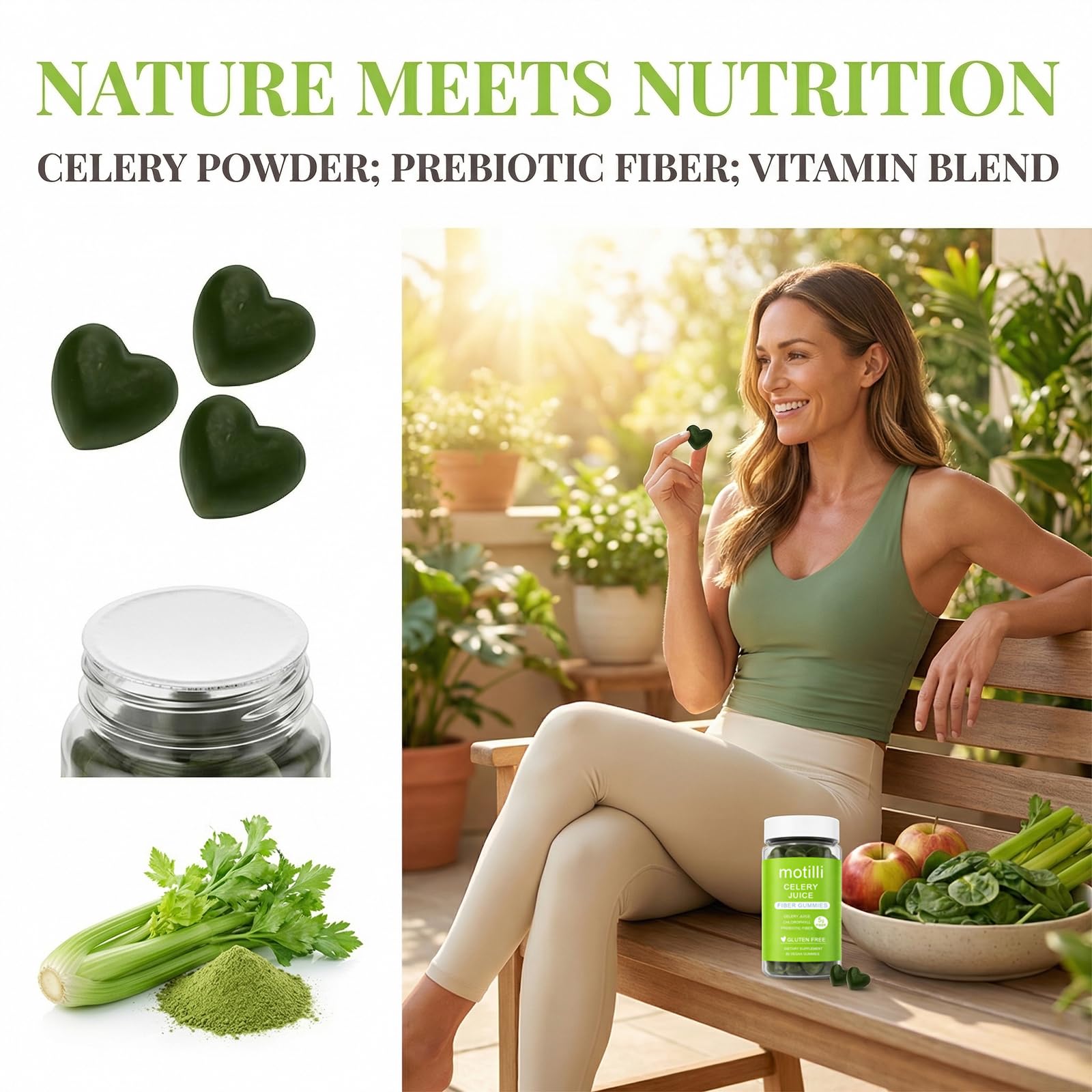 zdiwond Motilli Celery Juice Fiber Gummies, with Prebiotic Fiber and Botanical Ingredients, 60 Count