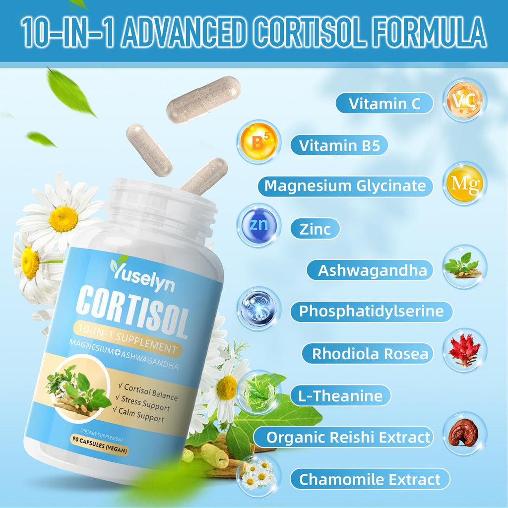 Yuselyn Cortisol Supplements for Women & Men, 10-in-1 Cortisol Detox Manager - High Cortisol Lowering Supplements with Magnesium, Ashwagandha & L-Theanine for Balanced Calm & Stress Relief Yuselyn Au supplements