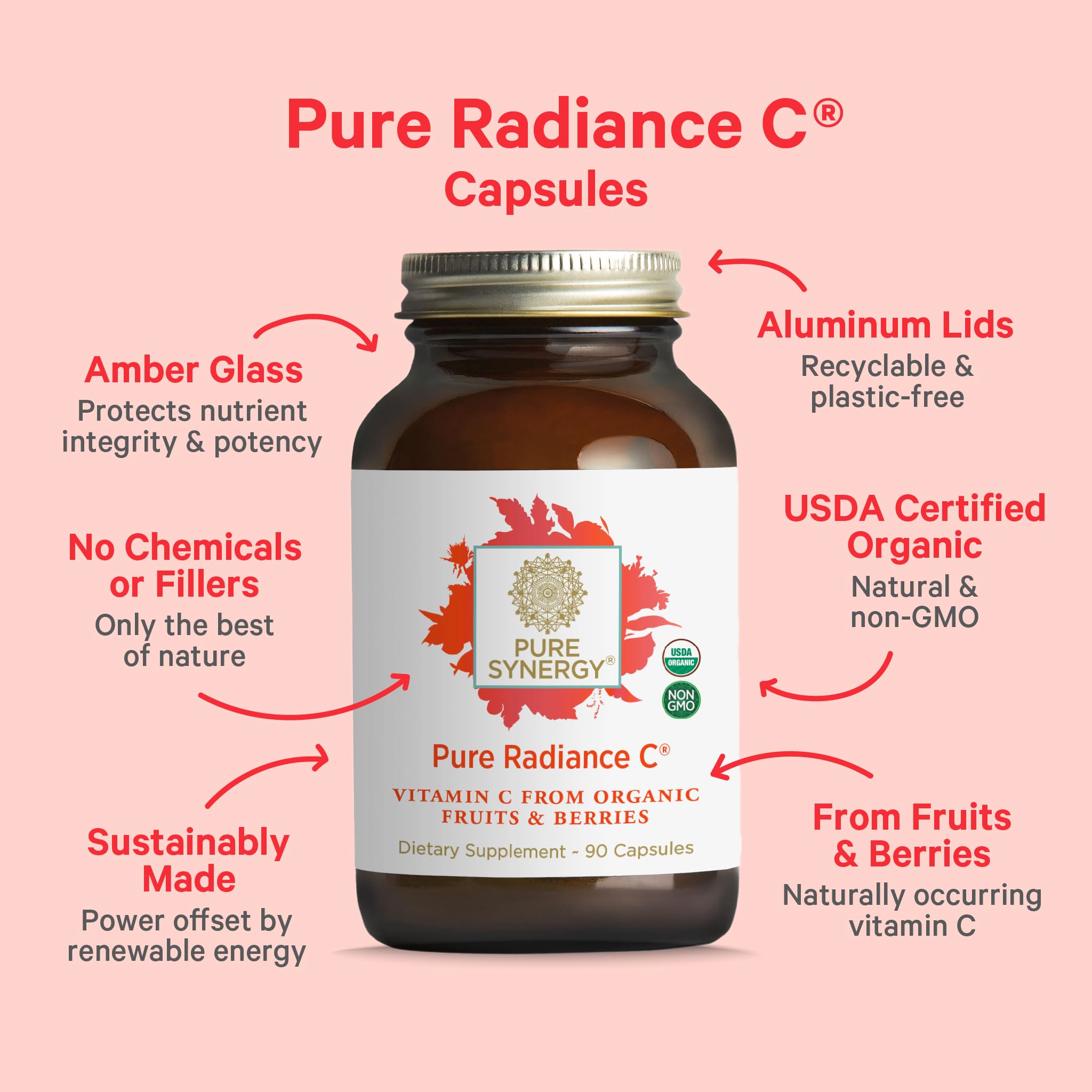 PURE SYNERGY Pure Radiance C | Organic Vitamin C Capsules | 100% Natural, Whole Food, Non-GMO Supplement with Organic Camu Camu