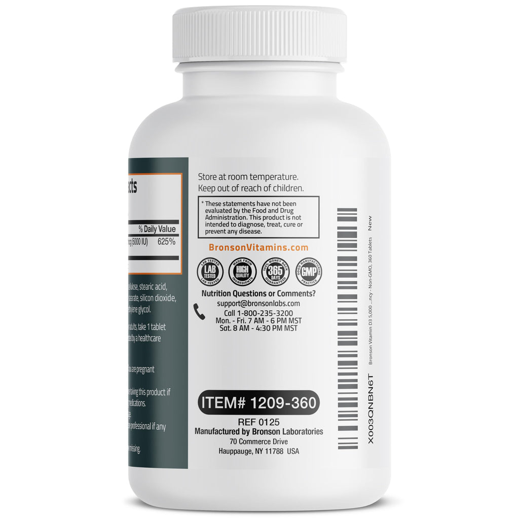 Bronson Vitamin D3 5000iu (125mcg) Healthy Muscle Function and Immune Support, Non-GMO, 360 Tablets
