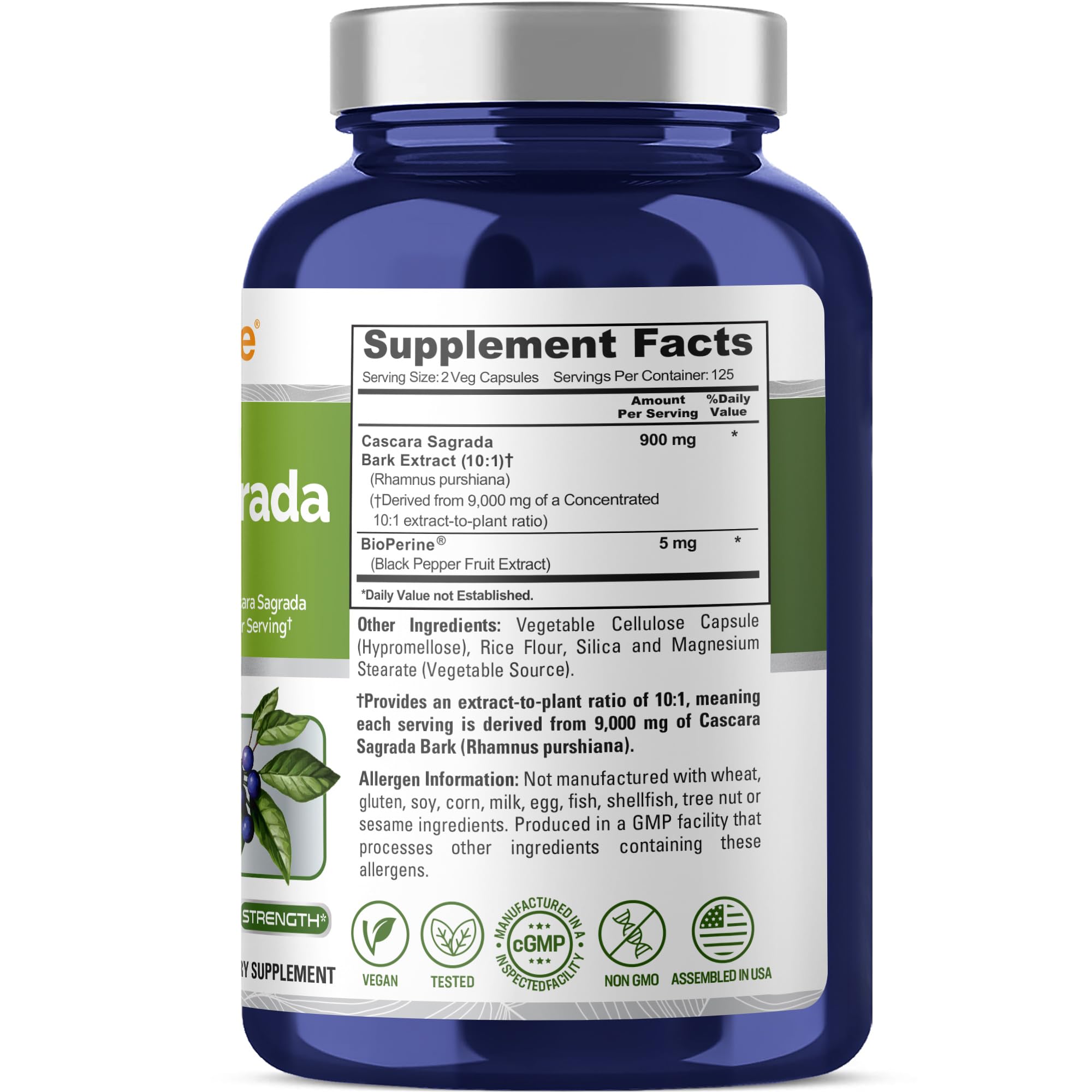NusaPure Cascara Sagrada 10:1 Extract, 900 mg Equivalent to 9,000 mg per Veggie Caps - 250 Capsules (Non-GMO, Vegan) NusaPure Au supplements