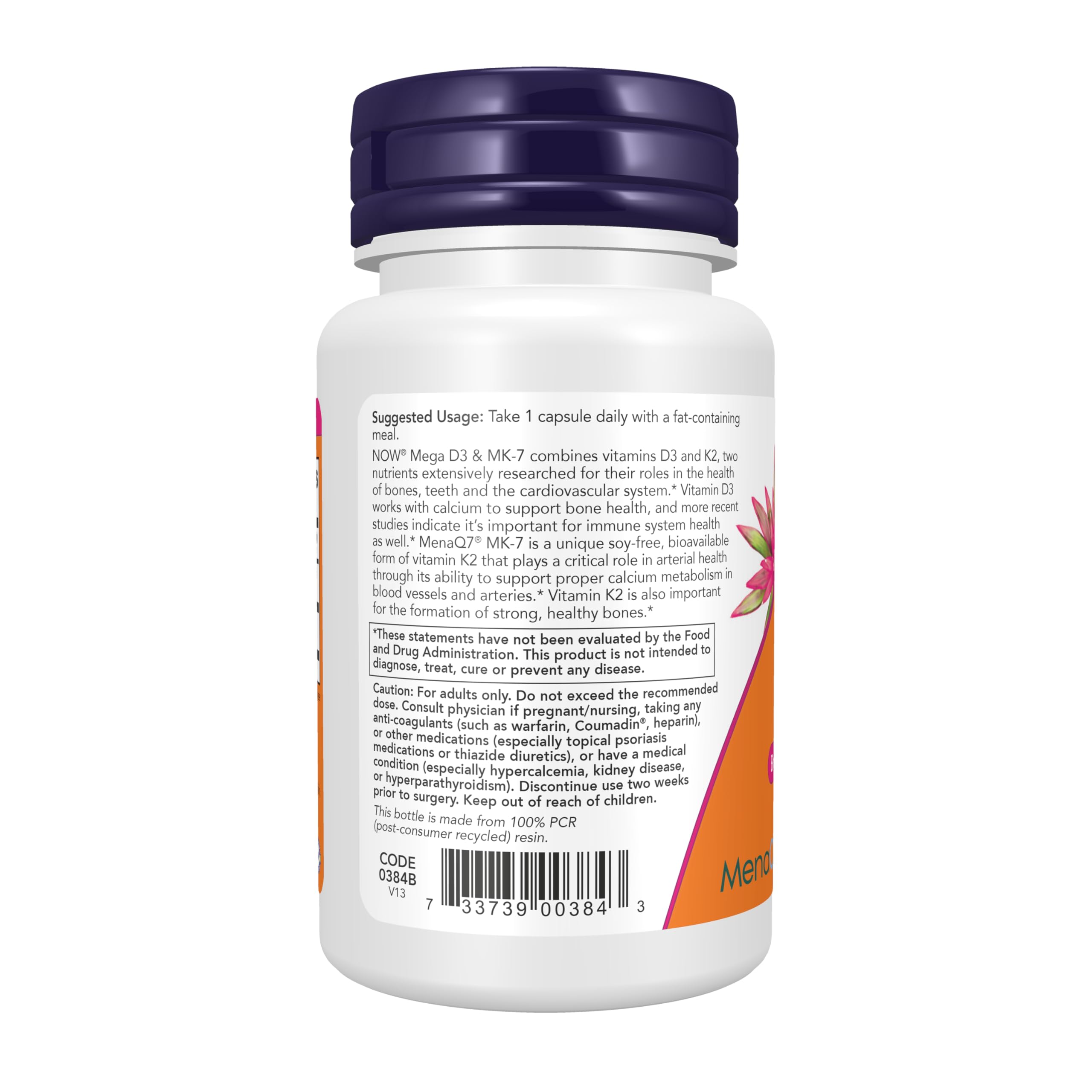 NOW Foods Supplements, Mega D-3 & MK-7 with Vitamins D-3 & K-2, 5,000 IU/180 mcg, Bone & Cardiovascular Support*, 60 Veg Capsules