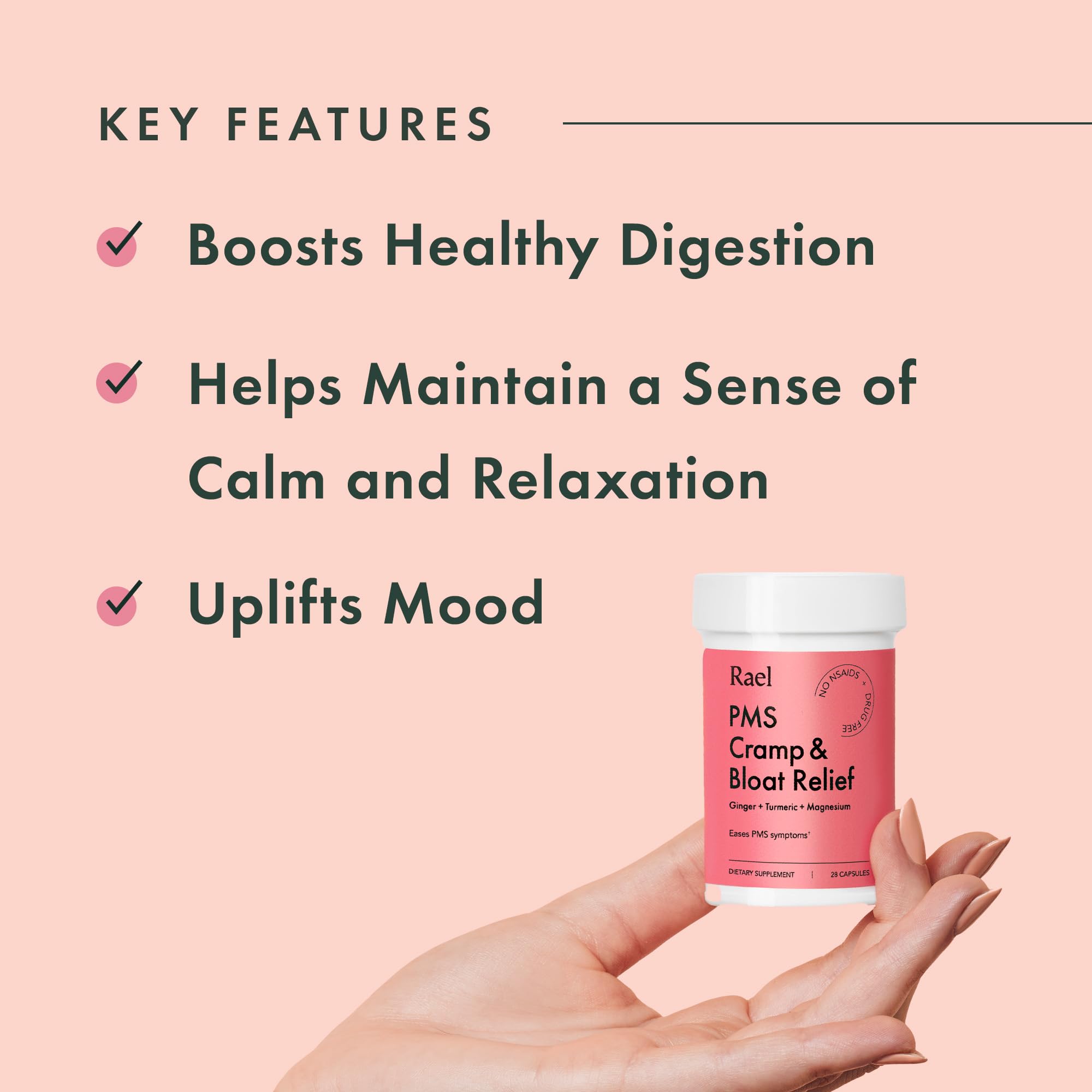 Rael PMS Supplement, Hormone Balance for Women, Relief from Menstrual Cramps with Turmeric, Ginger, Magnesium (28 Capsules) Rael Au supplements