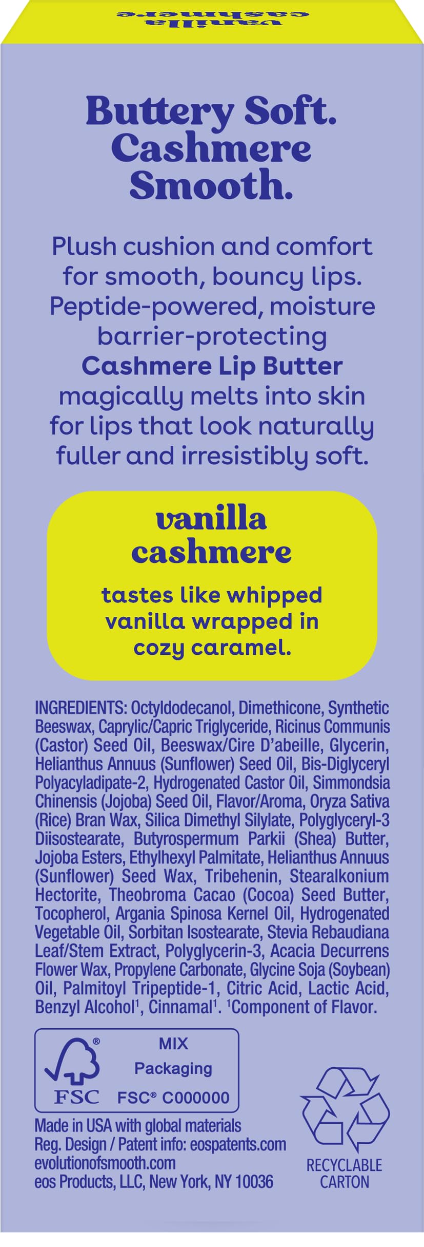 eos Cashmere Lip Butter - Vanilla Cashmere, Plumping Peptides, Smoothing, eos Lip Butter