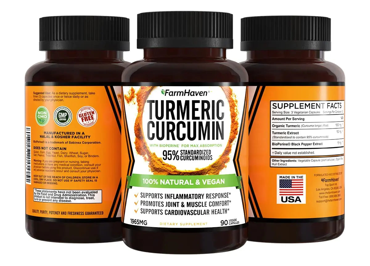 Turmeric Curcumin with BioPerine Black Pepper & 95% Curcuminoids, 1965mg, Maximum Absorption for Joint Support, Non-GMO Turmeric Capsules, FarmHaven Au supplements