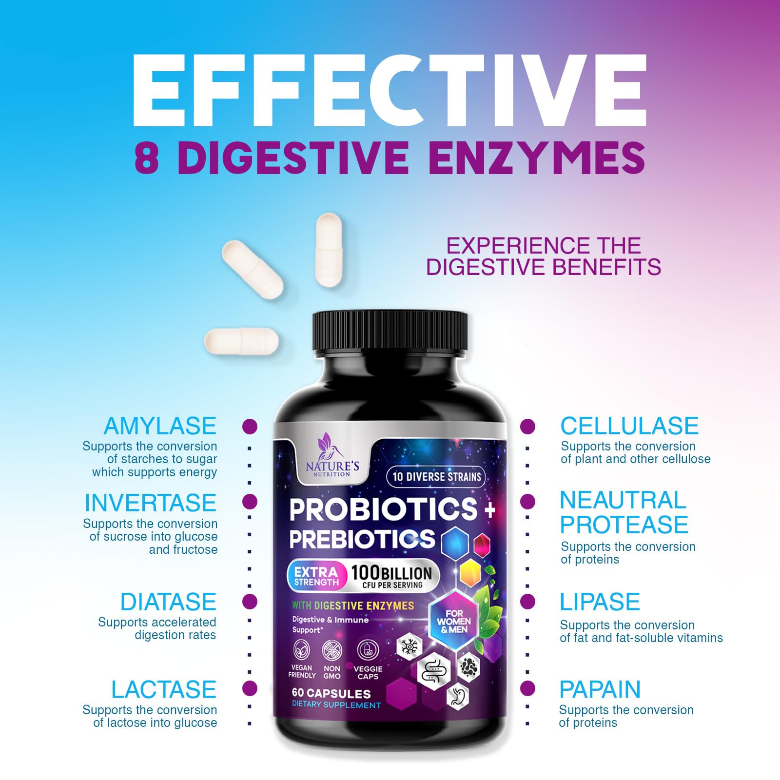 Probiotics 100 Billion CFU Per Serving - 10 Probiotic Strains & Prebiotics - Digestive Gut Health, Immune Support & Occasional Constipation, Gas & Bloating - Daily Supplement For Adults - 60 Capsules Nature's Nutrition Au supplements