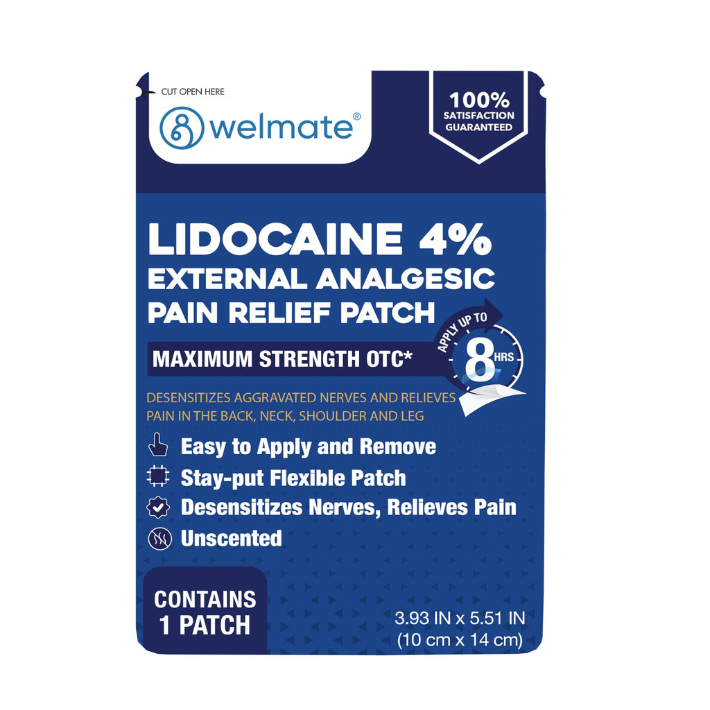 WELMATE - 4% Lidocaine Numbing Patch - Maximum Strength - Temporary Relief of Pain, Back, Neck, Shoulders, Knees, Elbows, Minor Skin Irritations - Topical Analgesic Unscented - 30 ct WELMATE Au supplements