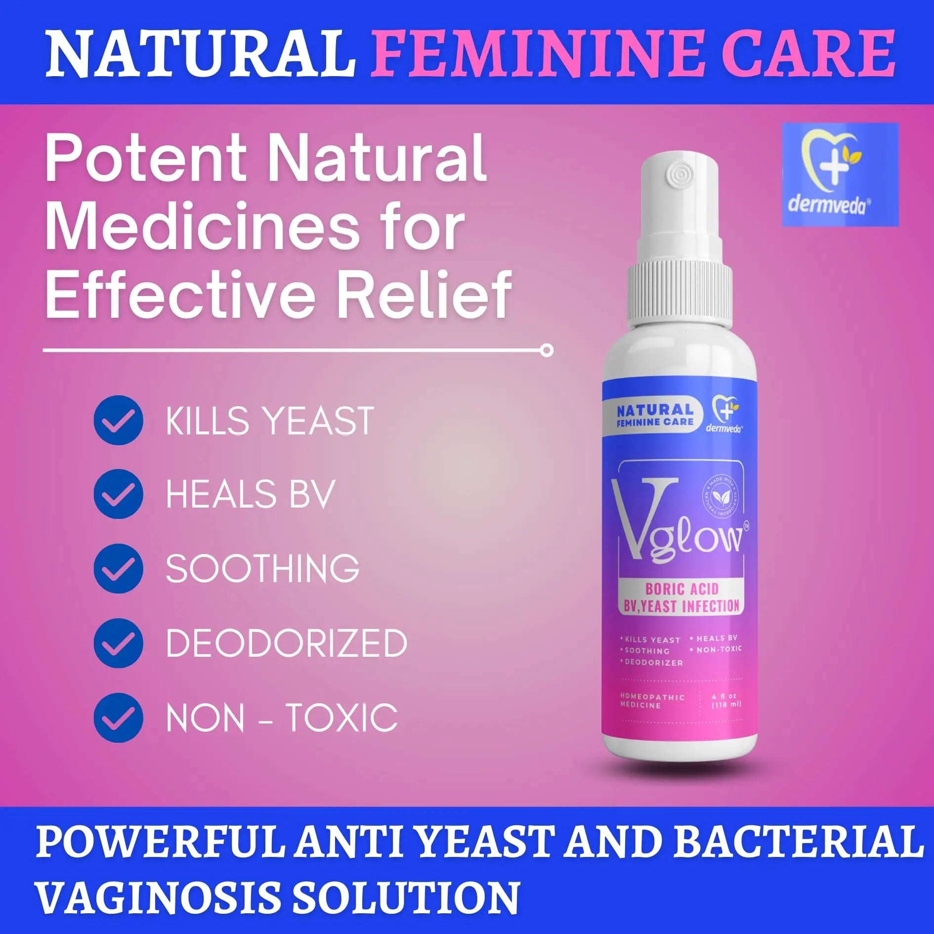 Dermveda Boric Acid BV Relief for Women - Natural Yeast Infection, Odor, Itch Relief Solution Dermveda Au supplements