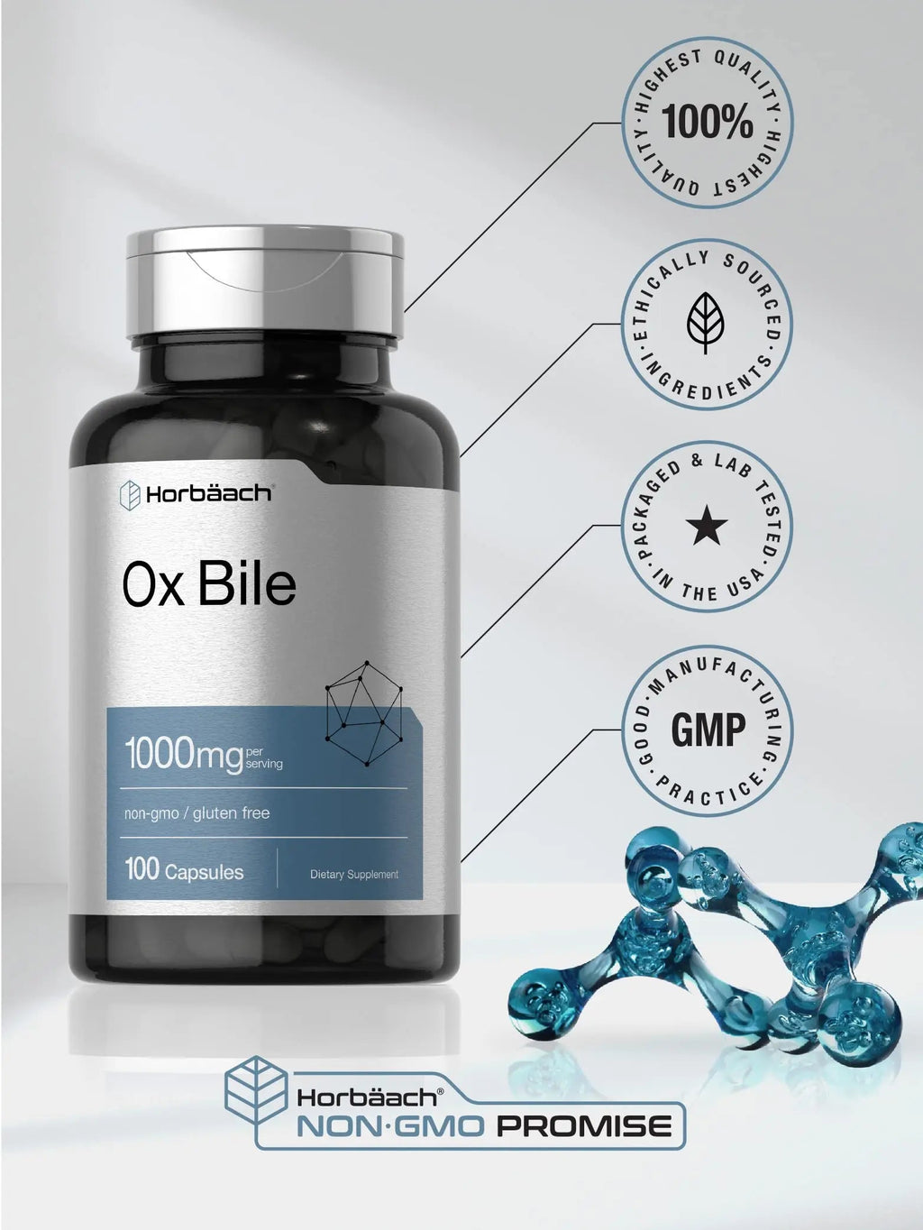 Ox Bile 1000 mg 100 Capsules | Digestive Enzymes Supplement | Non-GMO & Gluten Free Horbäach Au supplements