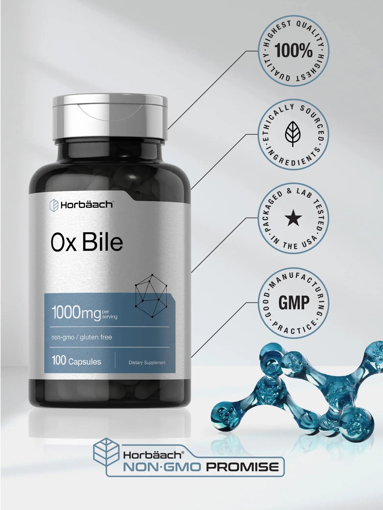 Ox Bile 1000 mg 100 Capsules | Digestive Enzymes Supplement | Non-GMO & Gluten Free Horbäach Au supplements