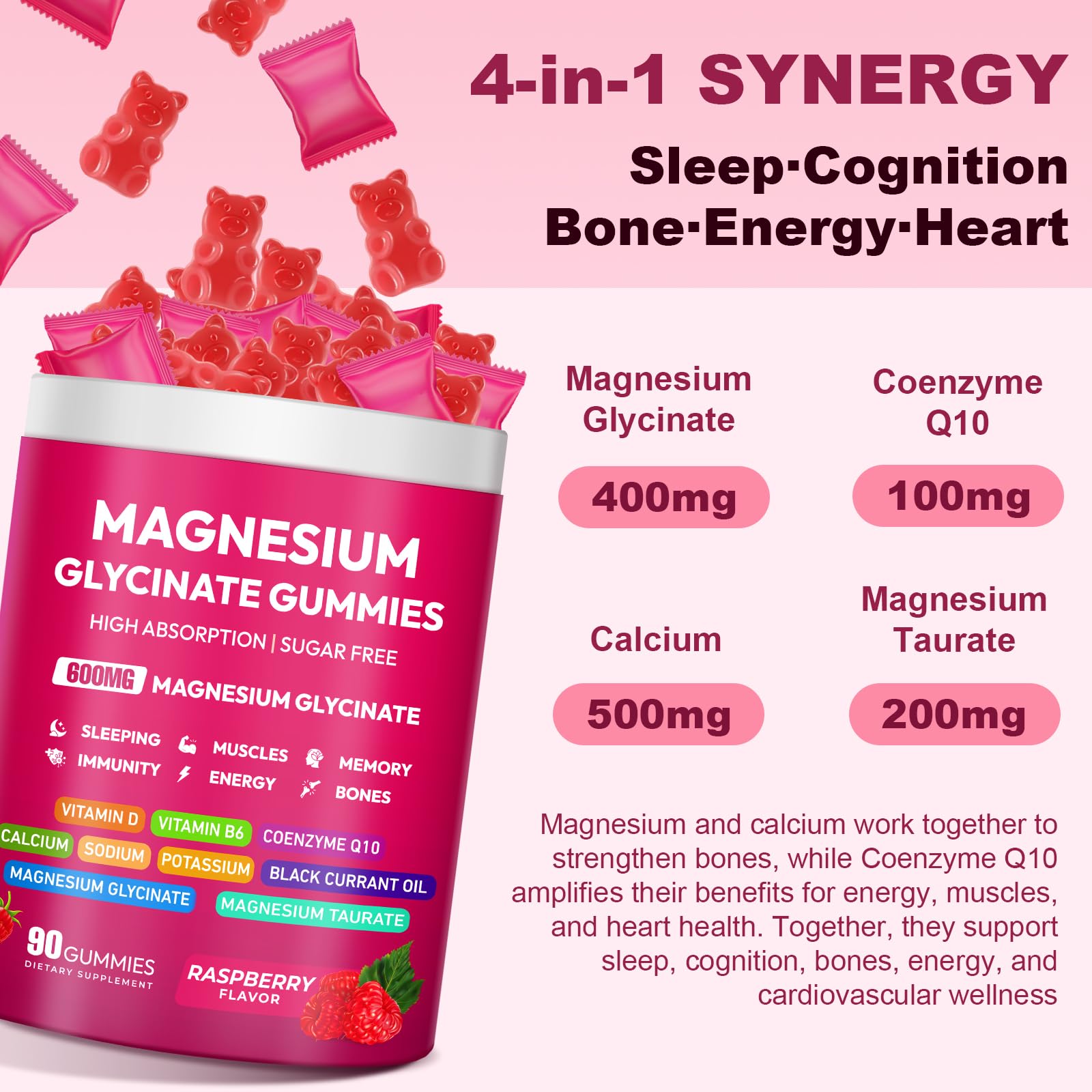 Magnesium Glycinate Gummies 600mg, High Absorption Magnesium Complex, Sugar Free Chewables Gummies with VitaminD & B6