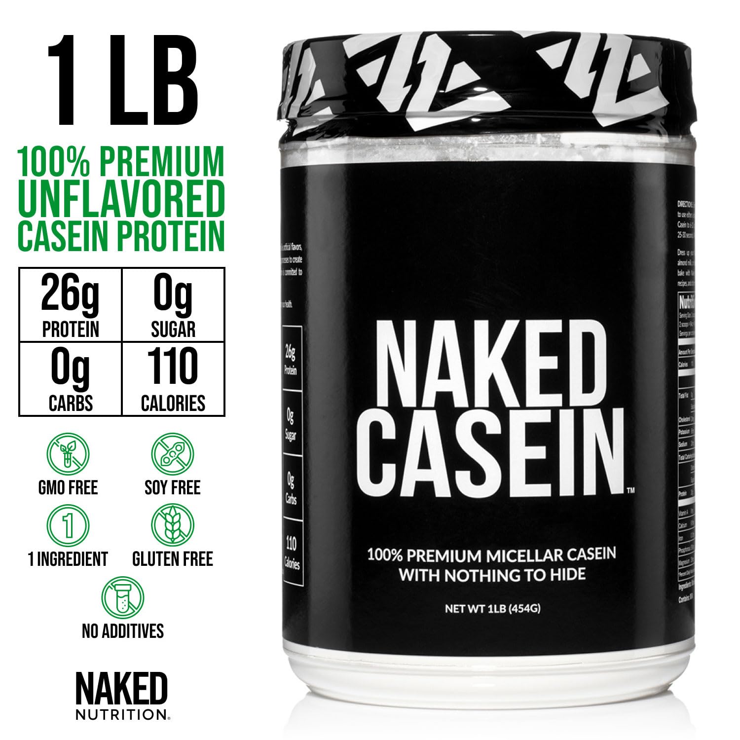 NAKED Casein - 1Lb Micellar Casein Protein - Bulk, Zero Carb, NSF Certified, GMO-Free, Gluten Free, Soy Free, Preservative Free - Stimulate Muscle Growth