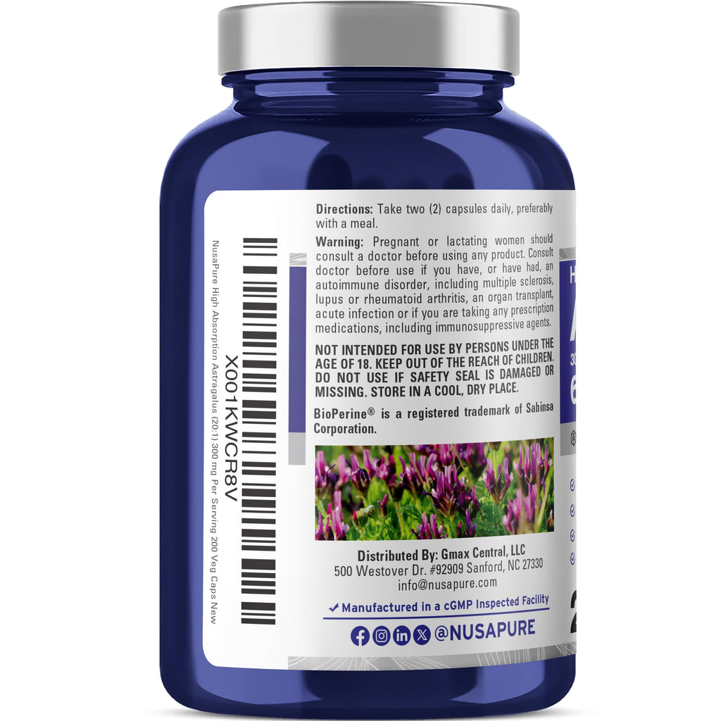 NusaPure Astragalus 20:1 Extract, 300 mg Equivalent to 6,000mg Per Serving, 200 Veggie Capsules, Vegan, Non-GMO & Bioperine NusaPure Au supplements
