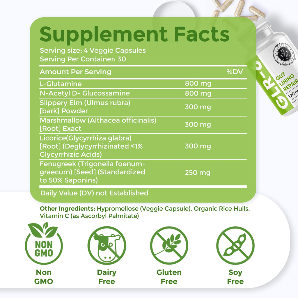 Intestinal Fortitude GLR-6 - Gut Lining Repair Supplement for Gut Health - Leaky Gut Repair with L-Glutamine, Slippery Elm, DGL Licorice Root, Marshmallow Root, Fenugreek
