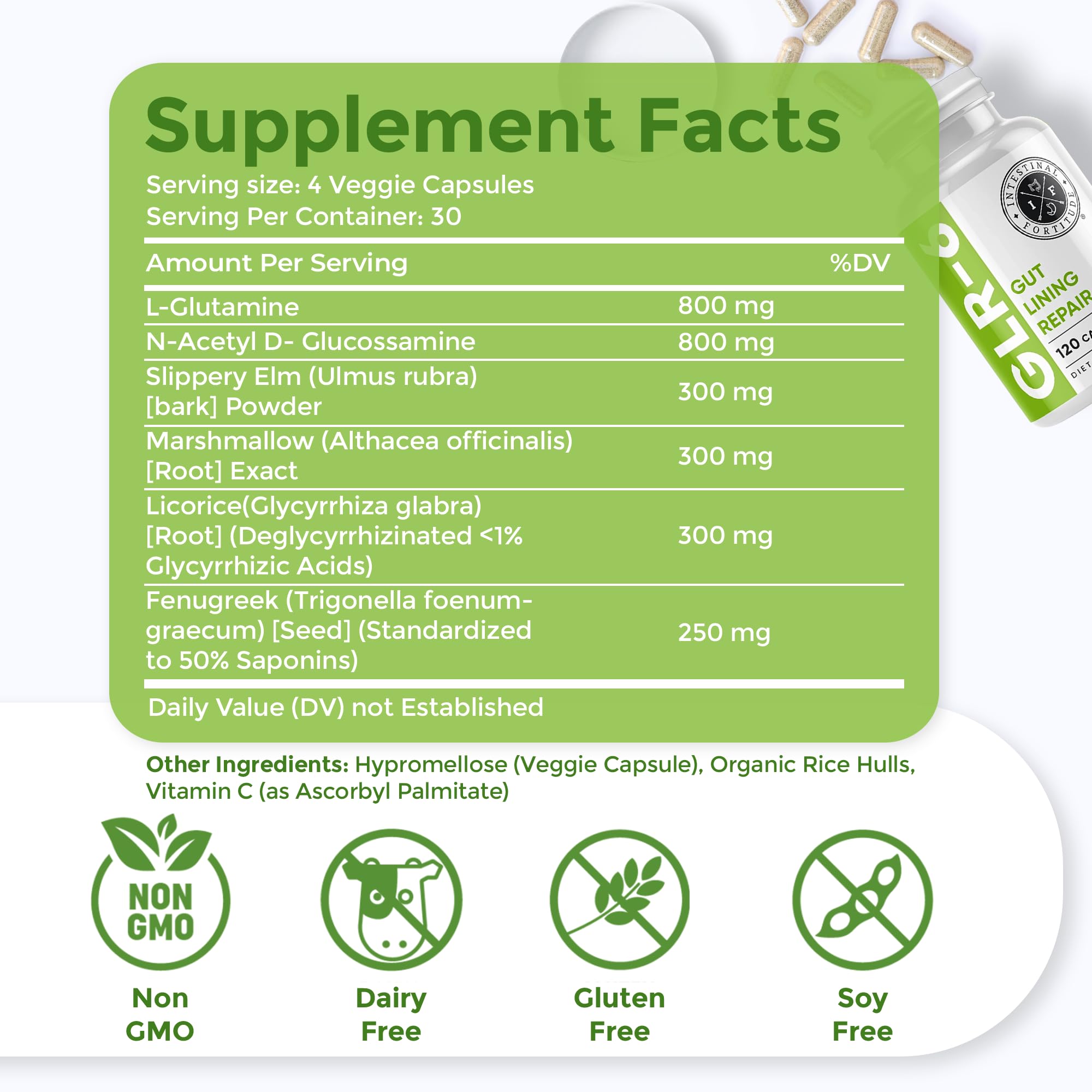 Intestinal Fortitude GLR-6 - Gut Lining Repair Supplement for Gut Health - Leaky Gut Repair with L-Glutamine, Slippery Elm, DGL Licorice Root, Marshmallow Root, Fenugreek