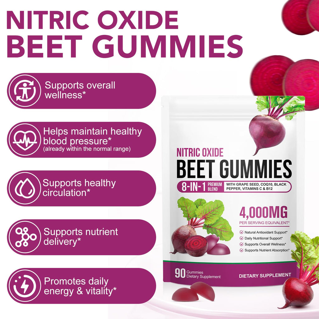 Beet Root Gummies Enriched with 200mg CoQ10 & Beet Root Extract for Blood Pressure, Heart Health Support, Energy Level Suport, Promoting Nitric Oxide