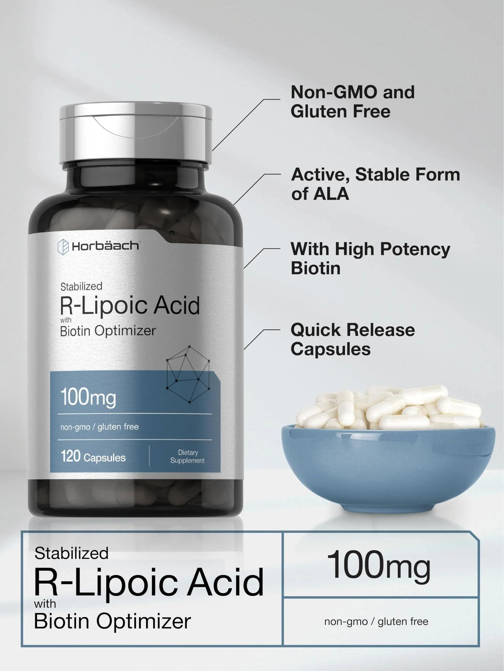 R-Lipoic Acid 100 mg | 120 Capsules | with Biotin Optimizer | Non-GMO, Gluten Free Horbäach Au supplements
