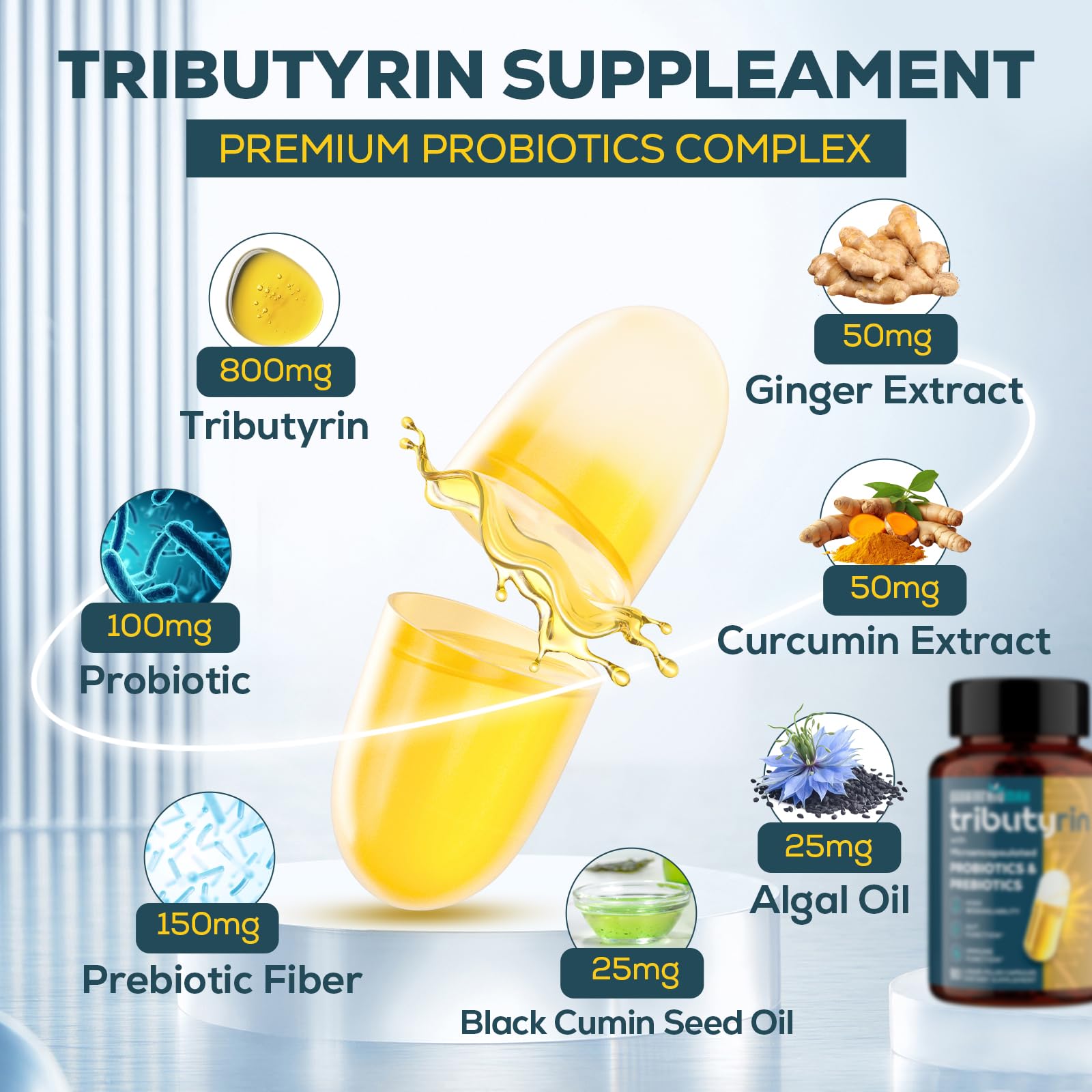 Tributyrin Supplement for Gut & Immune 800mg | High Bioavailability with Microencapsulated Probiotics & Prebiotics - Advanced Liquid-Filled Tributyrin Complex, Gluten Free, 90 Capsules Quorinthiumax Au supplements