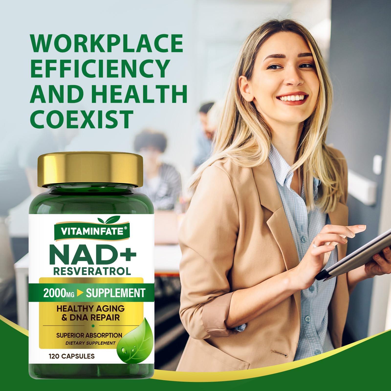 VITAMINFATE NAD+ Supplement 2000 mg - 120 Capsules True NAD+ & Resveratrol, NMN Alternative Supports Anti-Aging, Cellular Energy & Repair, Metabolism & Brain Boost for Men & Women VITAMINFATE Au supplements