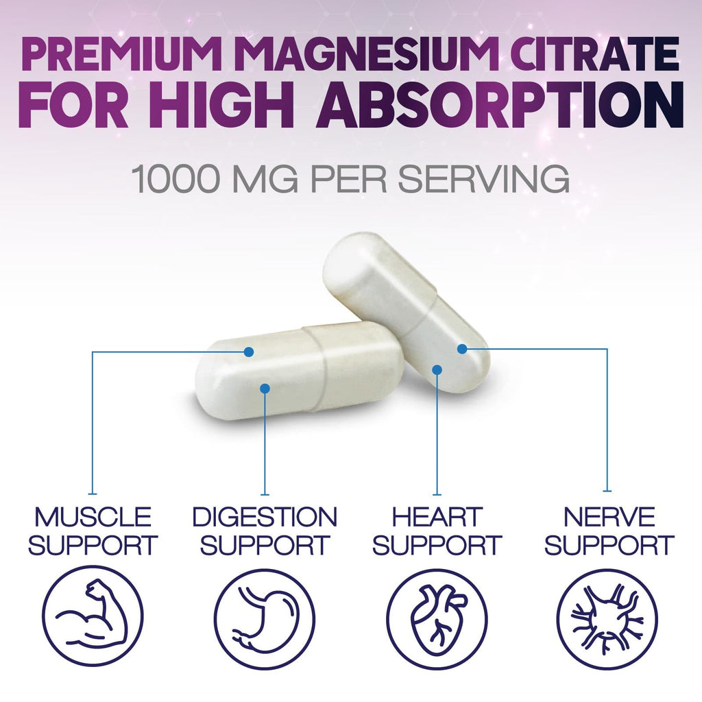 Magnesium Citrate 1000mg Per Serving - Max Absorption Magnesium Powder Capsules for Muscle, Nerve, Bone and Heart Health Support, High Absorption Citrate Complex