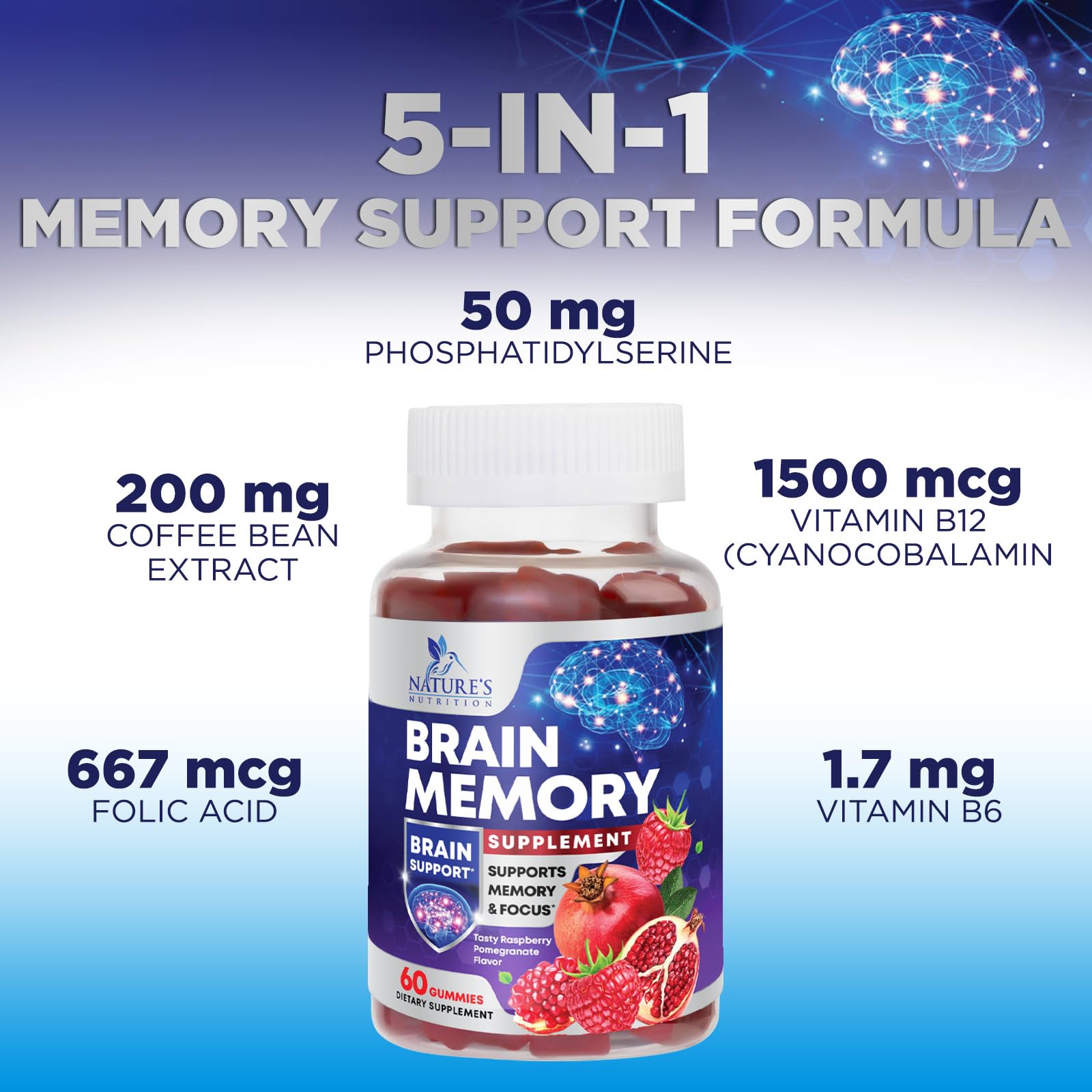 Brain Supplements for Memory & Focus Gummies - Brain Health Clarity with B6 B12 & Phosphatidylserine - Natural Nootropics Cognitive Concentration & Alertness Support Vitamins - 60 Vegan Gummies Nature's Nutrition Au supplements