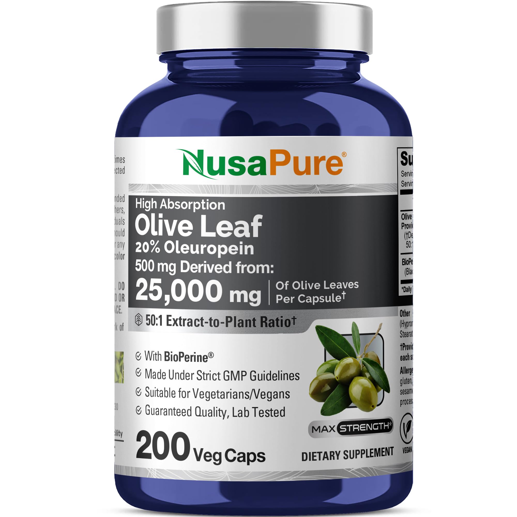 NusaPure Olive Leaf 20% Oleuropein 50:1 Extract, 500 mg Equivalent to 25,000 mg 200 Veg Caps Suitable for Vegetarians and Vegans, Non-GMO NusaPure Au supplements