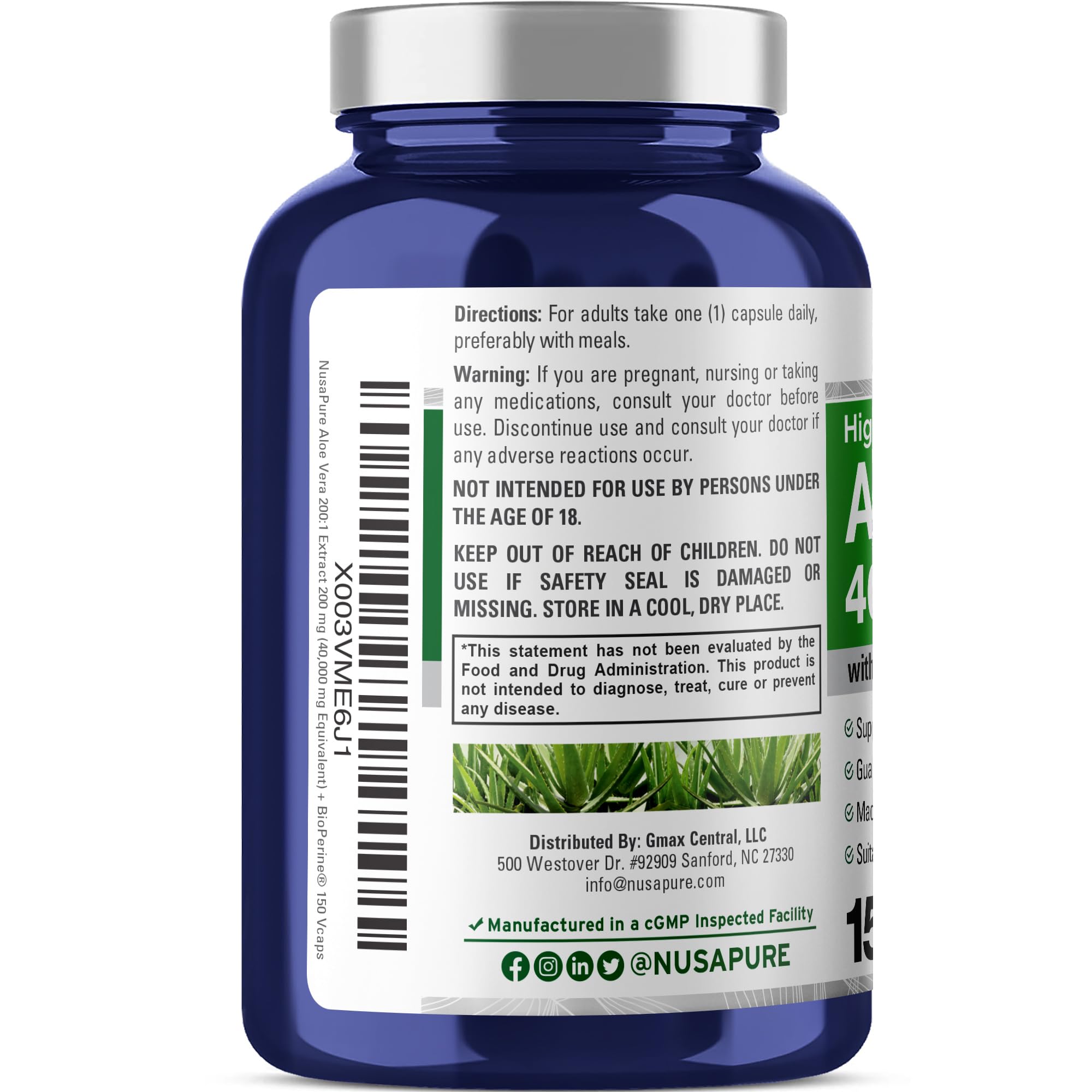 NusaPure Aloe Vera 40,000mg Per Veggie Caps - 150 Count - Aloe Vera Gel Supplement - Extract 200:1, Vegetarian, Non-GMO, Bioperine NusaPure Au supplements