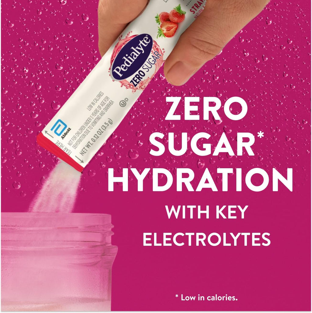 Pedialyte Electrolyte Drink Mix With Zero Sugar | Hydration With Key Electrolytes | Great Hydration Low in Calories | Strawberry, 24 Powder Packets