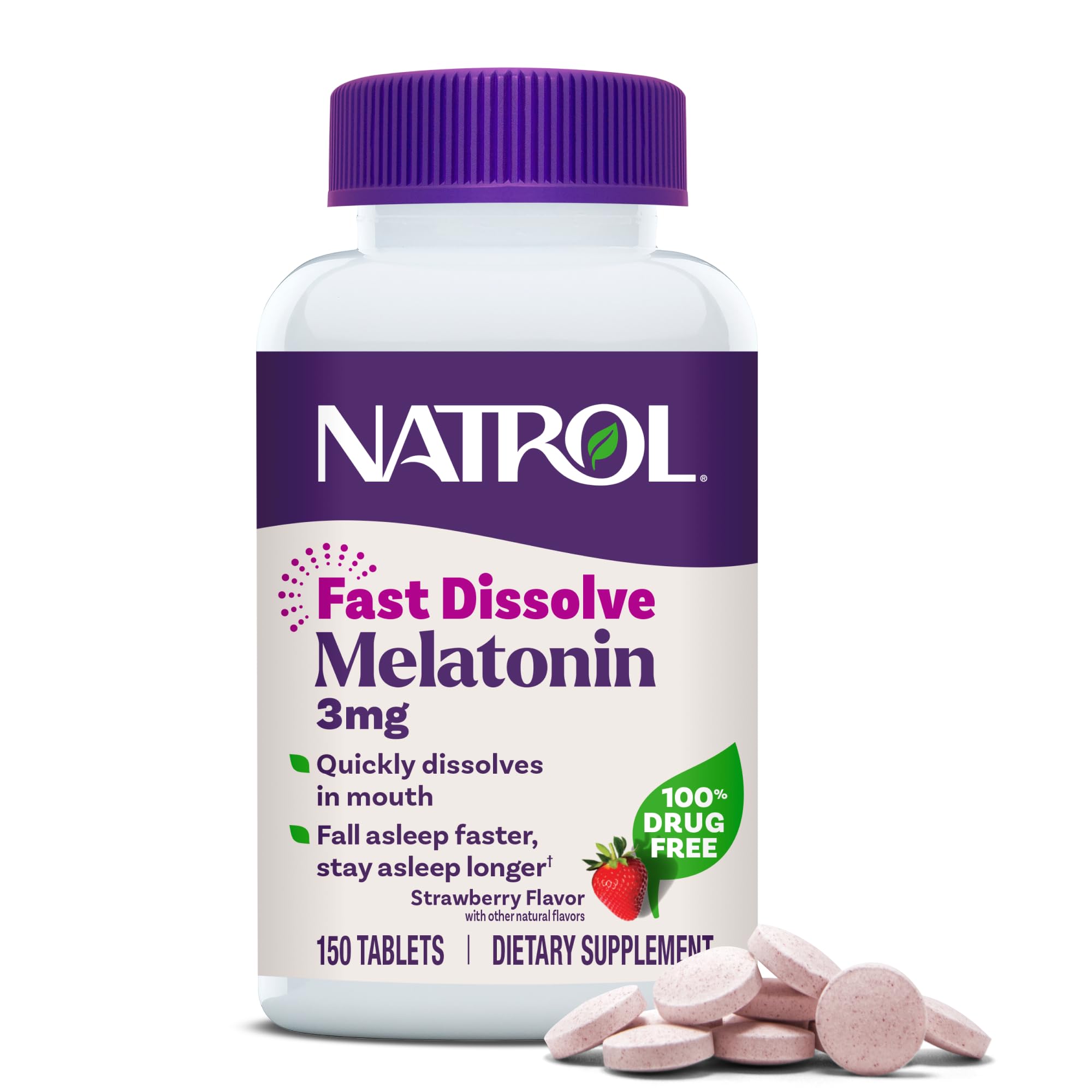 Natrol Fast Dissolve Melatonin 3 mg, Melatonin Supplements for Restful Sleep, Sleep Support for Adults, 150 Strawberry-Flavored Tablets