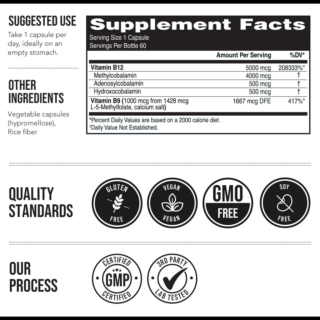 BioActive Vitamin B12 - 5000 mcg, Contains 3 BioActive Forms B12 Plus Methylfolate Cofactor - Methyl B12, Adenosyl B12 & Hydroxy B12 | Supports Energy