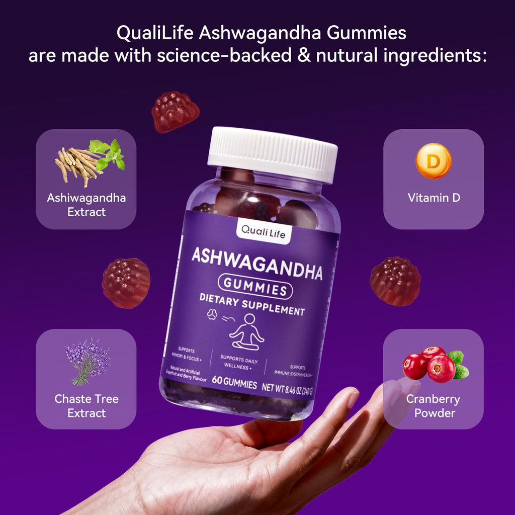 QualiLife Ashwagandha Gummies for Relax & Cortisol Support – High Strength Root Extract with Cranberry & Chaste Tree, Grapefruit & Berry Flavour – Vegan, Non-GMO, Gluten-Free – 60 Gummies (30 Days) QualiLife Au supplements