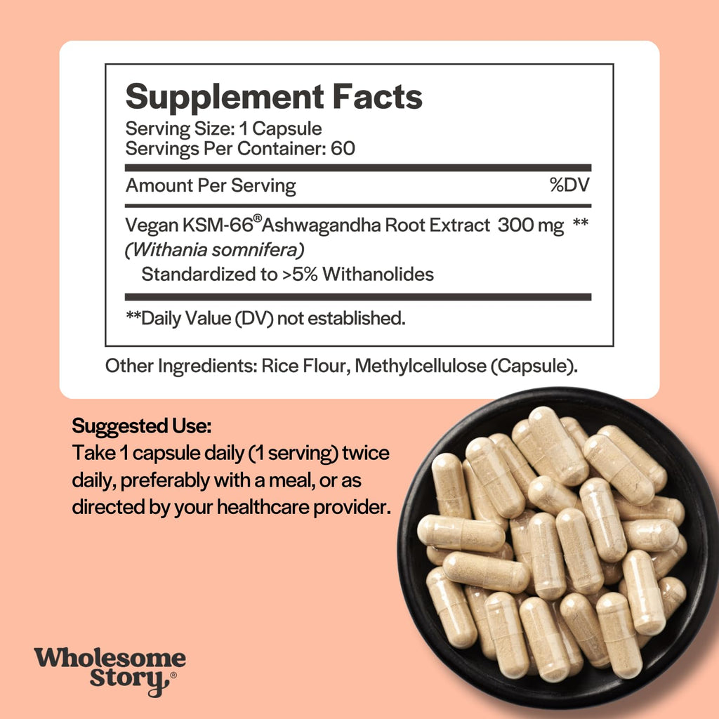 Vegan KSM 66 Ashwagandha Capsules| High Potency 5% Withanolides | Ashwagandha Root Extract Supplements | Ashwagandha 300mg | Stress Management & Well Being Support | 60 Ashwaganda Pills Wholesome Story Au supplements